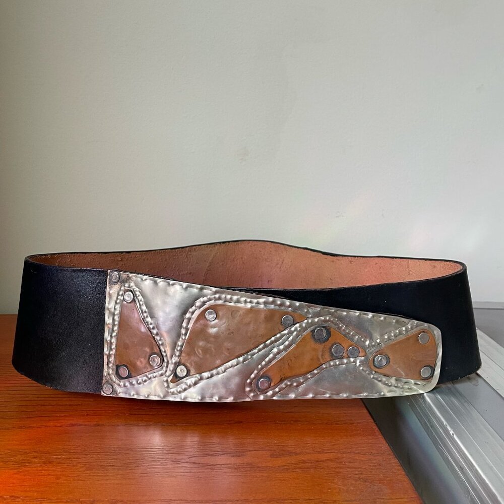 Vintage chrome metal leather belt ✨